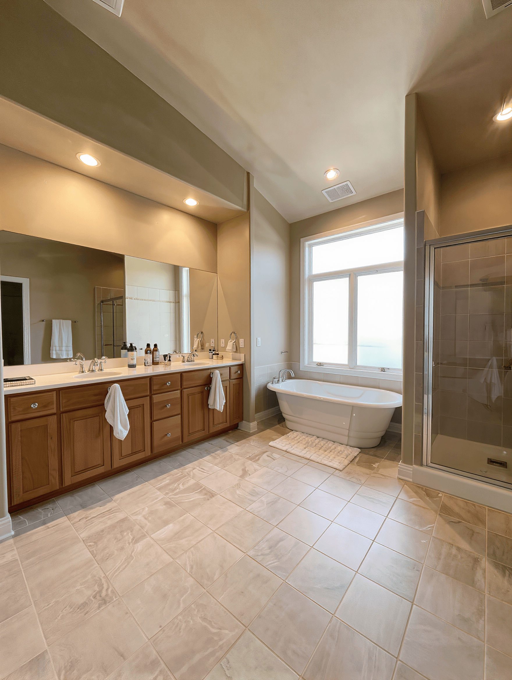 After: Luxury master bathroom remodel design concept with Calacatta marble, freestanding tub and brass chandelier — Stone Works Remodeling, Metro Detroit MI