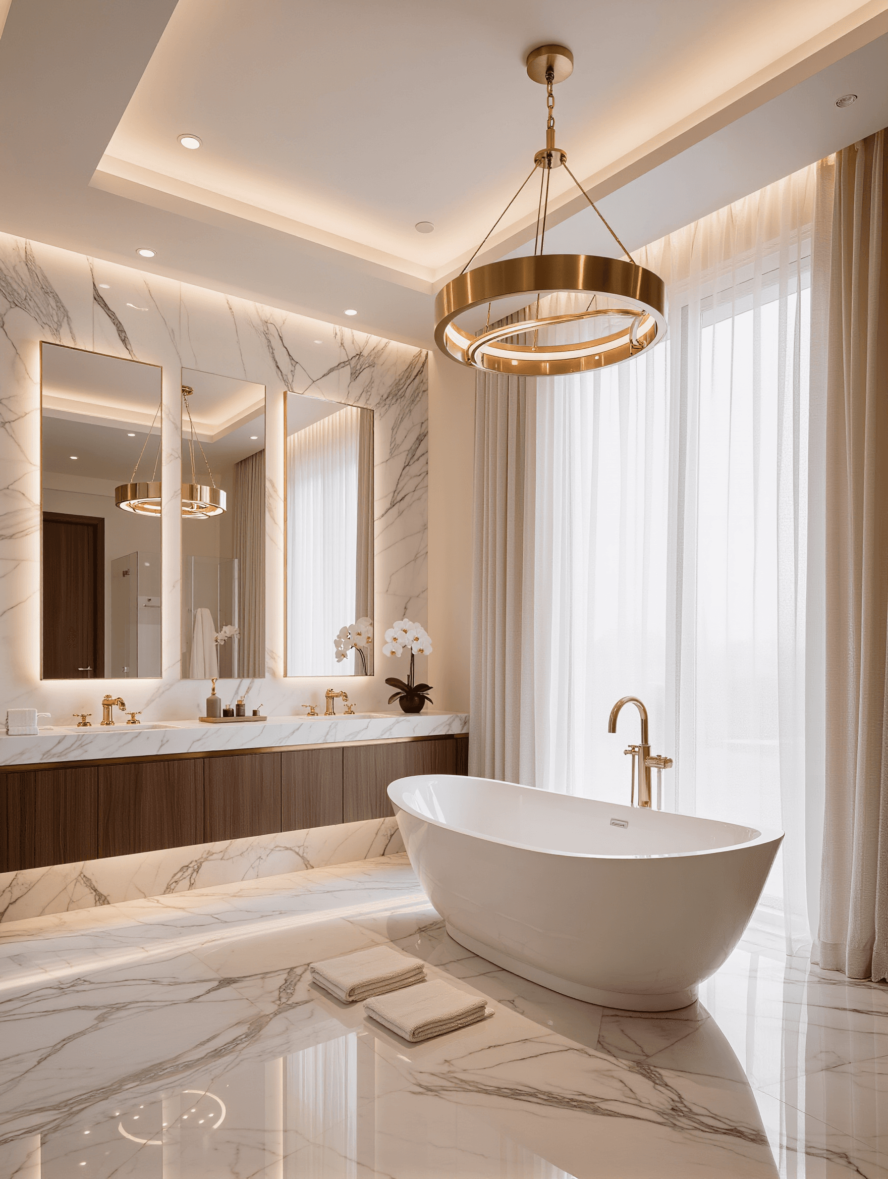 Before: Luxury master bathroom remodel design concept with Calacatta marble, freestanding tub and brass chandelier — Stone Works Remodeling, Metro Detroit MI